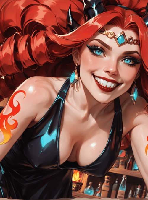woman, devil, witch, mage, sorceress, red hair, flames, bookshelf, alchemy, vial
