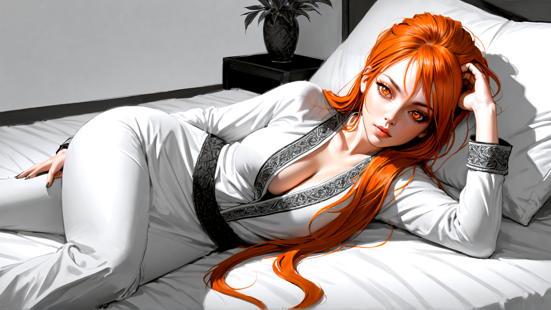 AI generated wallpaper featuring woman, bed, dress, hair, pillow, plant, bedside table, furniture
