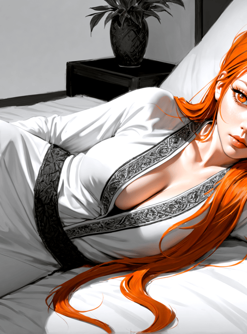 woman, bed, dress, hair, pillow, plant, bedside table, furniture