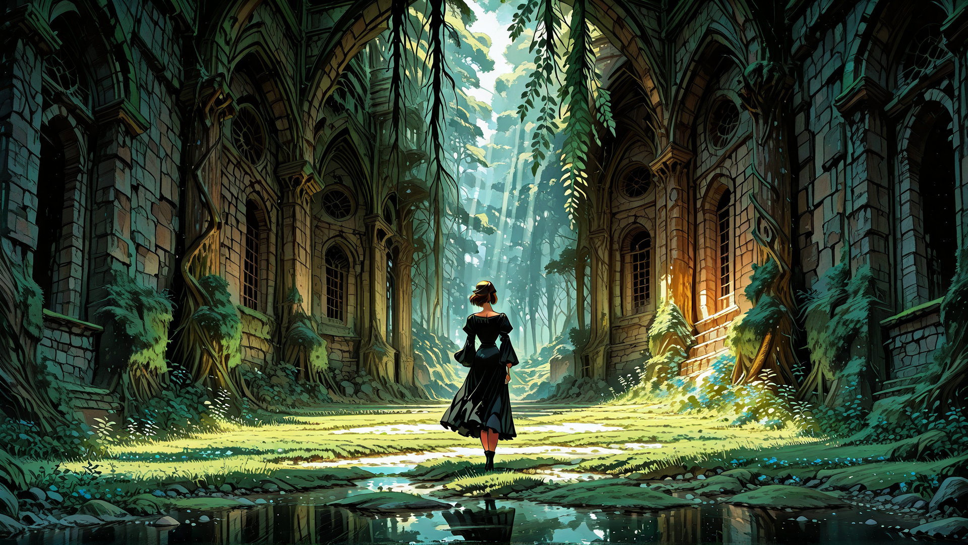 AI generated wallpaper featuring woman, church, forest, trees, water, vines, stone, sunlight, path, arches