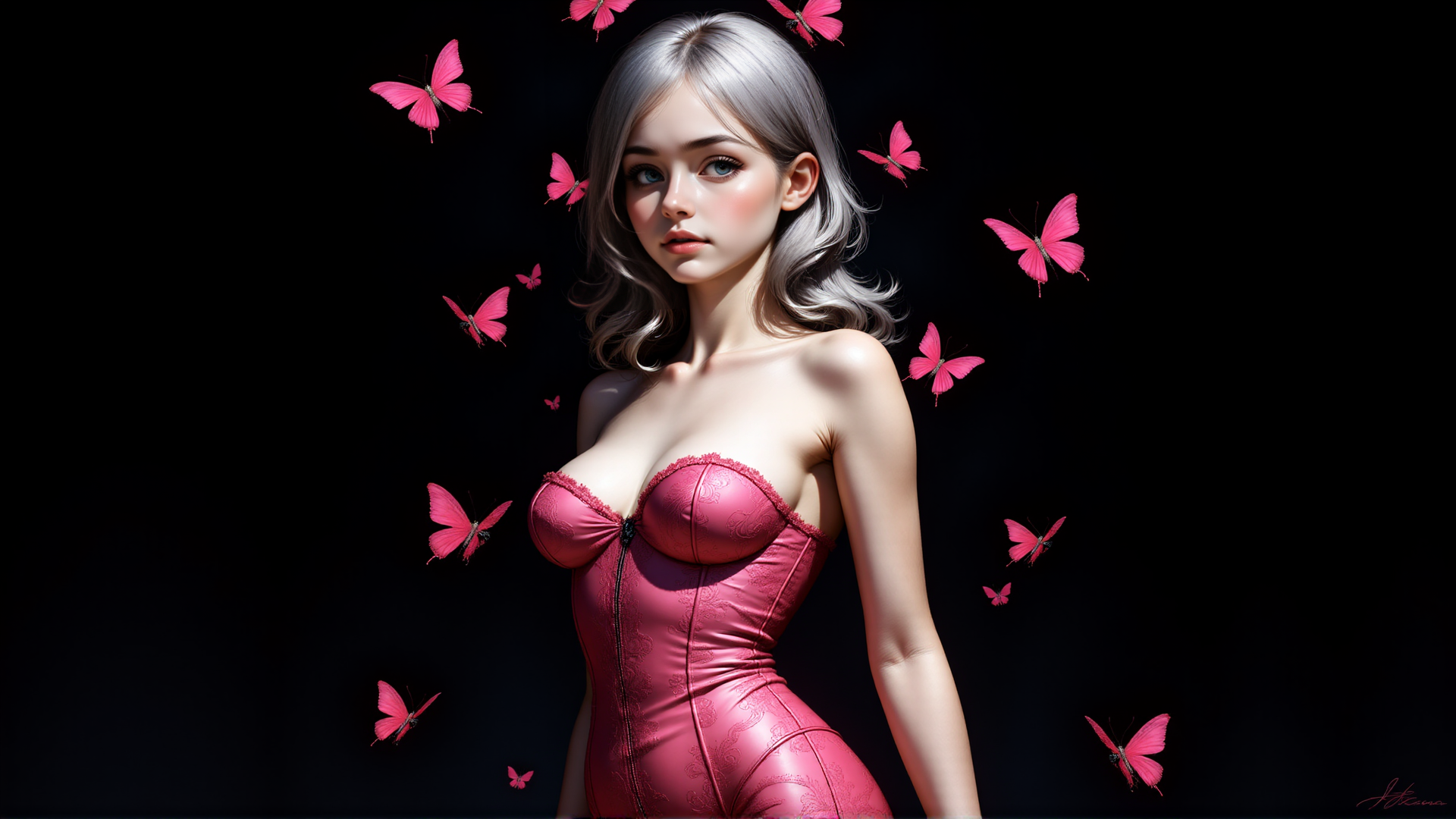 AI generated wallpaper featuring woman, butterfly, dress
