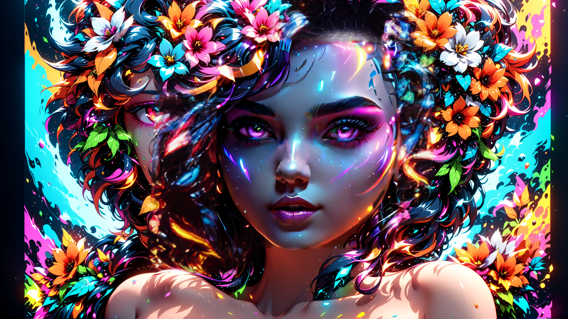 AI generated wallpaper featuring woman, flowers, hair