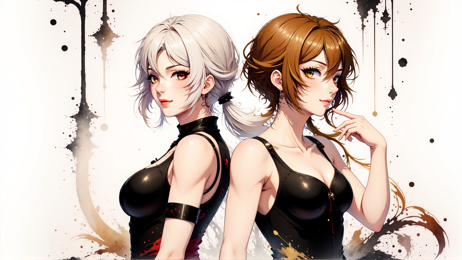 AI generated wallpaper featuring woman, anime, character, model, figure, pair, girl, bust, chest, hair