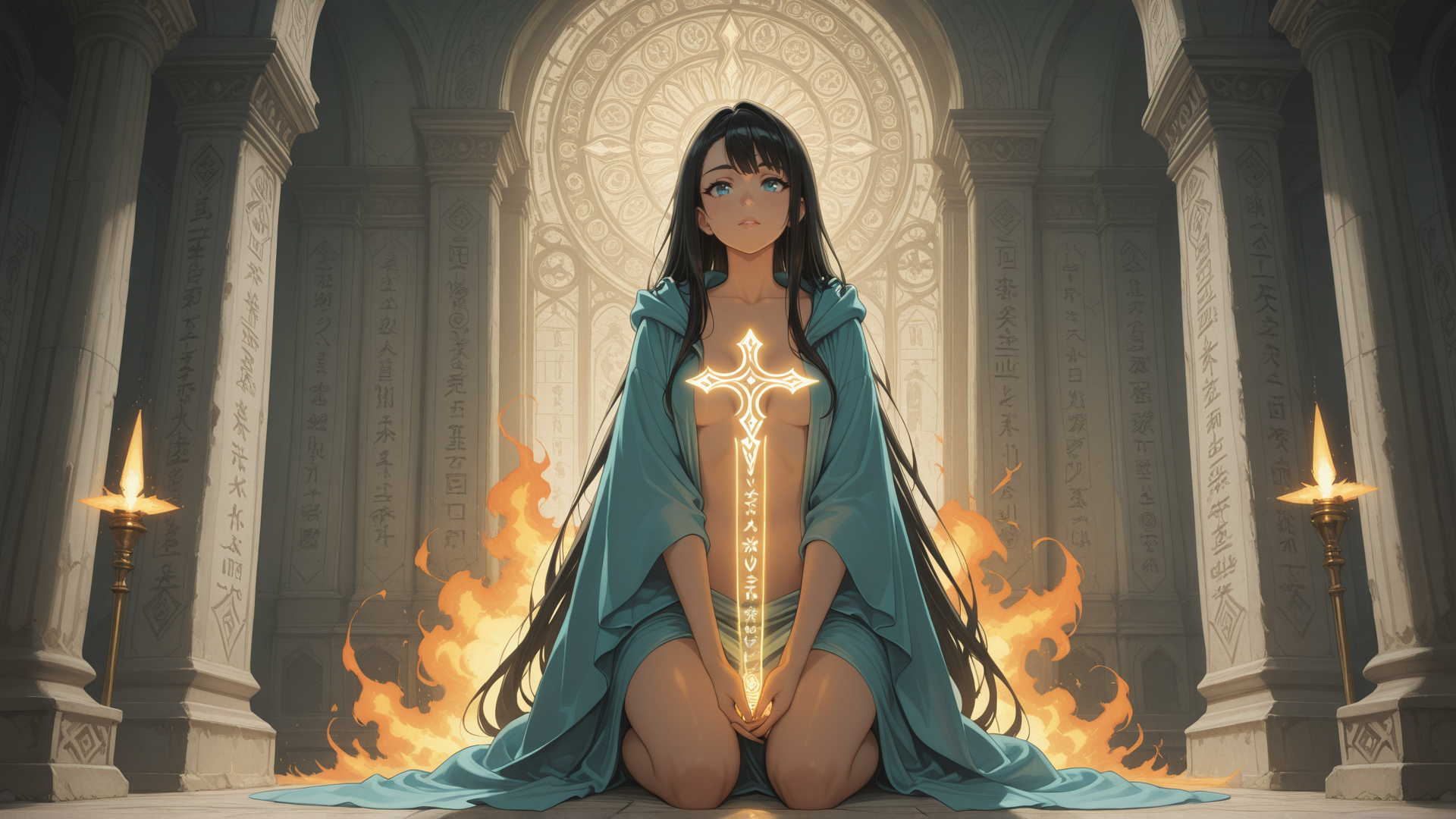 AI generated wallpaper featuring woman, cross, fire, columns, chapel