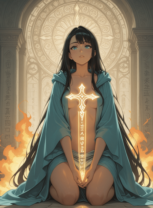 woman, cross, fire, columns, chapel