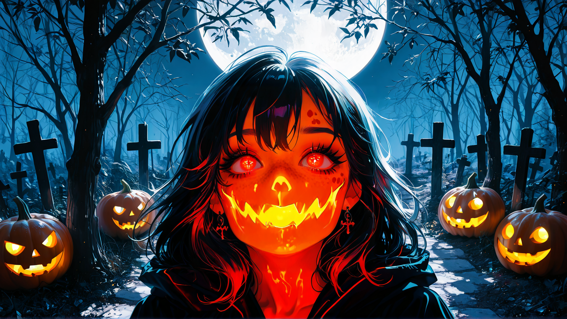 AI generated wallpaper featuring girl, pumpkin, cross, tree, moon