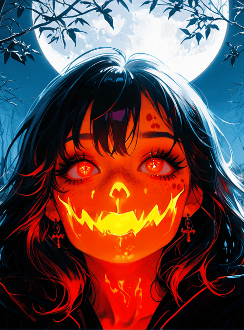 girl, pumpkin, cross, tree, moon