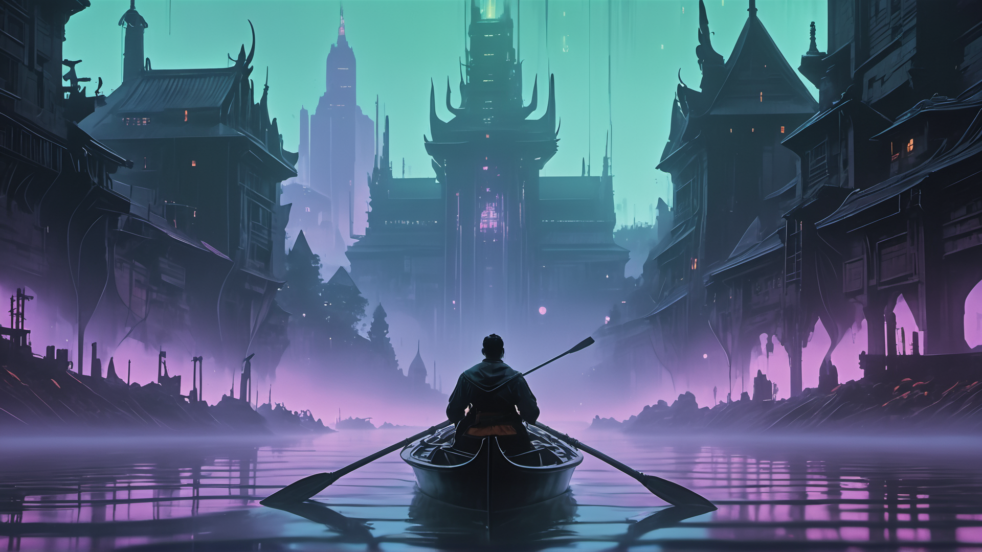 AI generated wallpaper featuring person, canoe, city