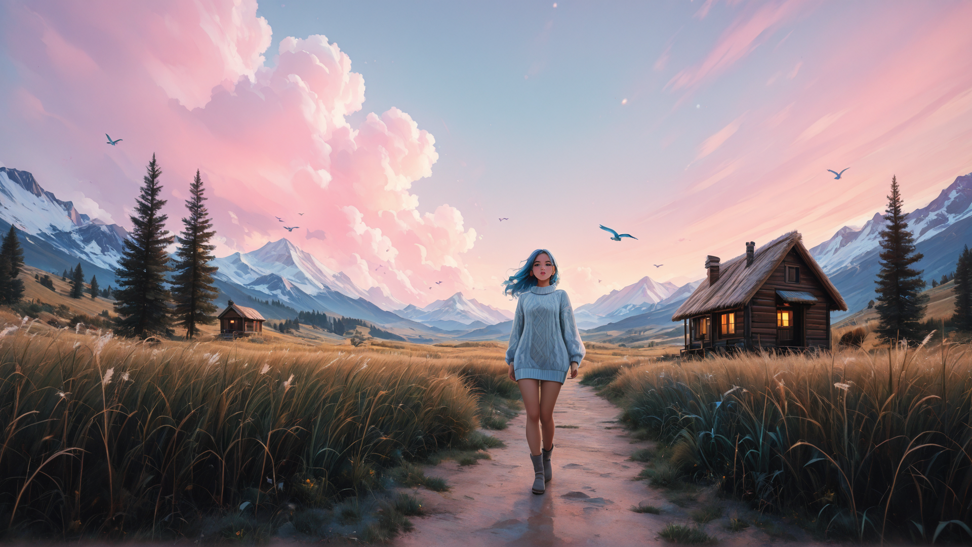 AI generated wallpaper featuring woman, path, huts