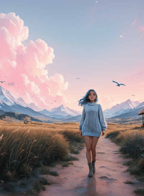woman, path, huts