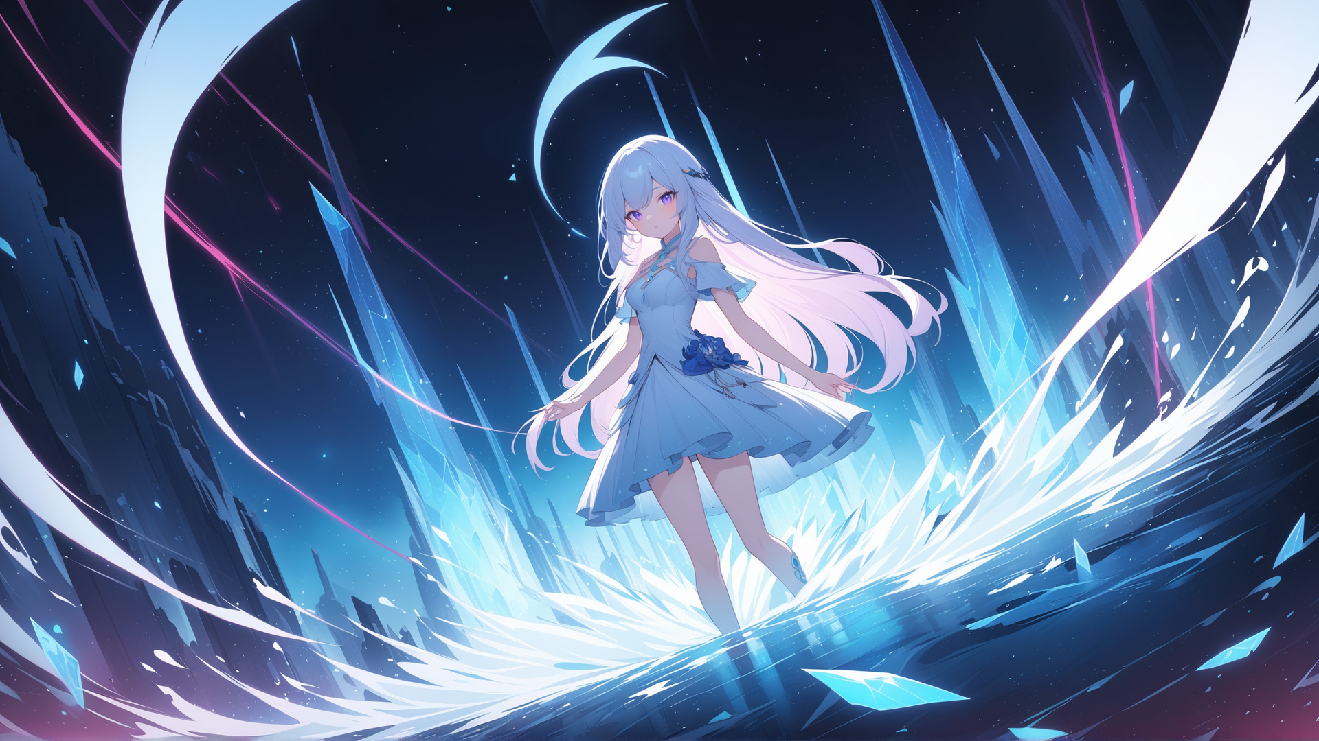 AI generated wallpaper featuring girl, crystals, moon