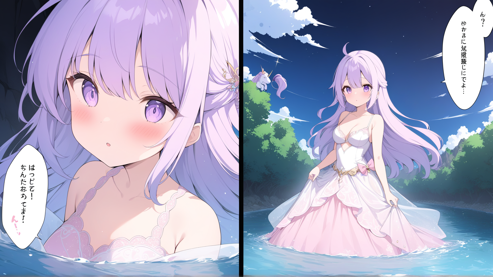 AI generated wallpaper featuring girl, unicorn, dress