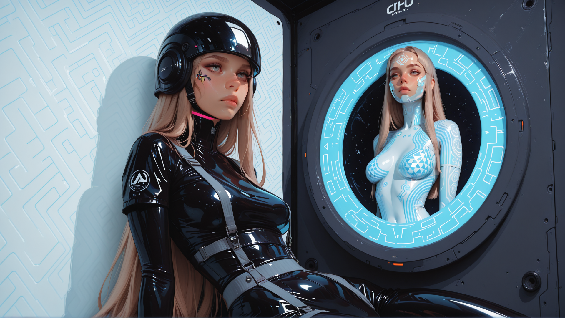 AI generated wallpaper featuring cyborg, woman, helmet, robot, space, portal, goggles, glowing, neon, tech