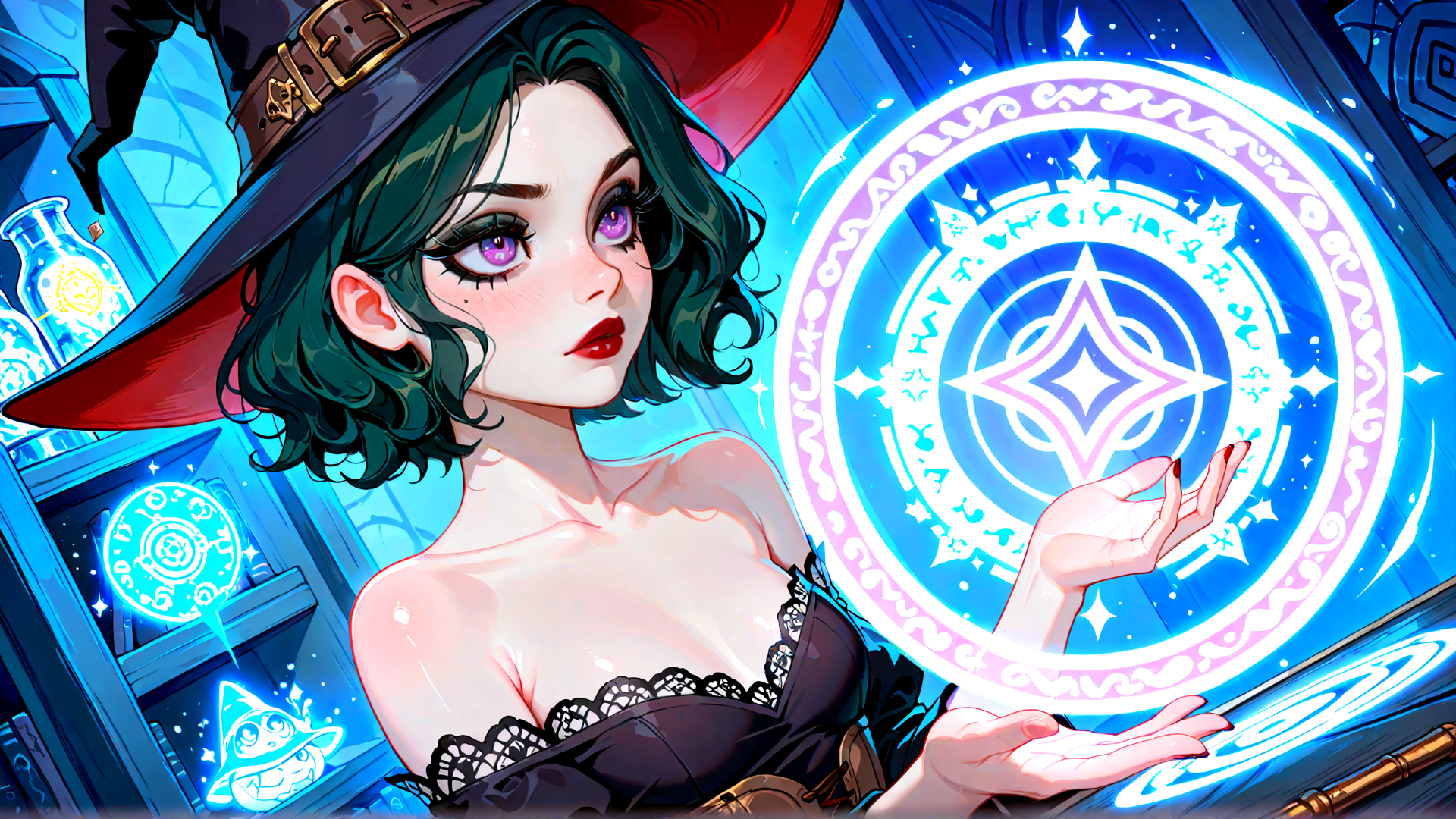 AI generated wallpaper featuring witch, magical circle, laptop, bottles, cat, hat, dress, laptop screen, symbols, hands