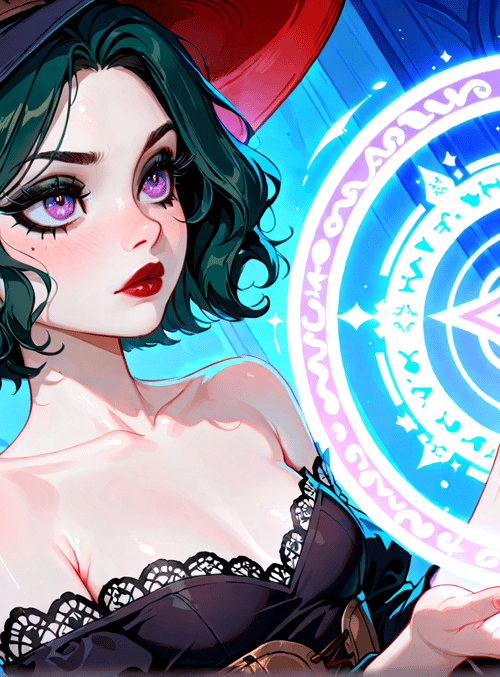 witch, magical circle, laptop, bottles, cat, hat, dress, laptop screen, symbols, hands