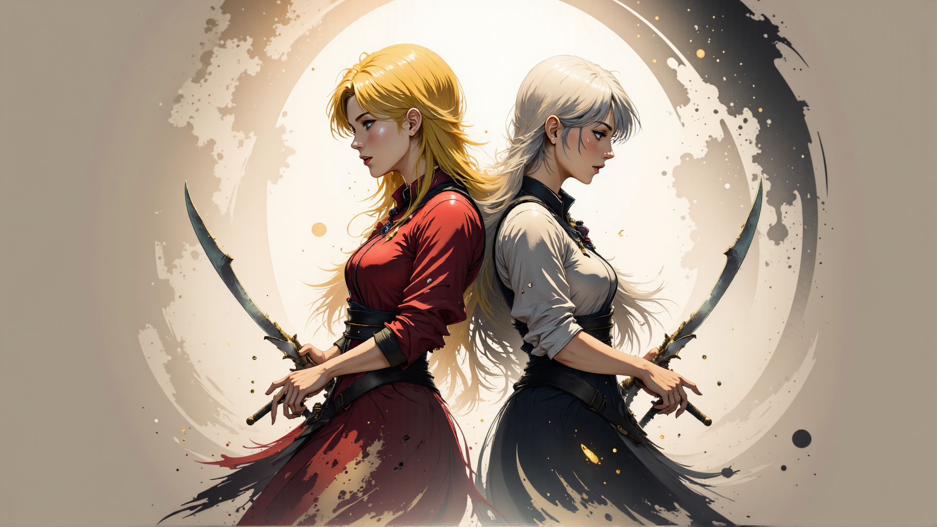 AI generated wallpaper featuring woman, sword, knight, art, dual, figure, character, dress, hair, background