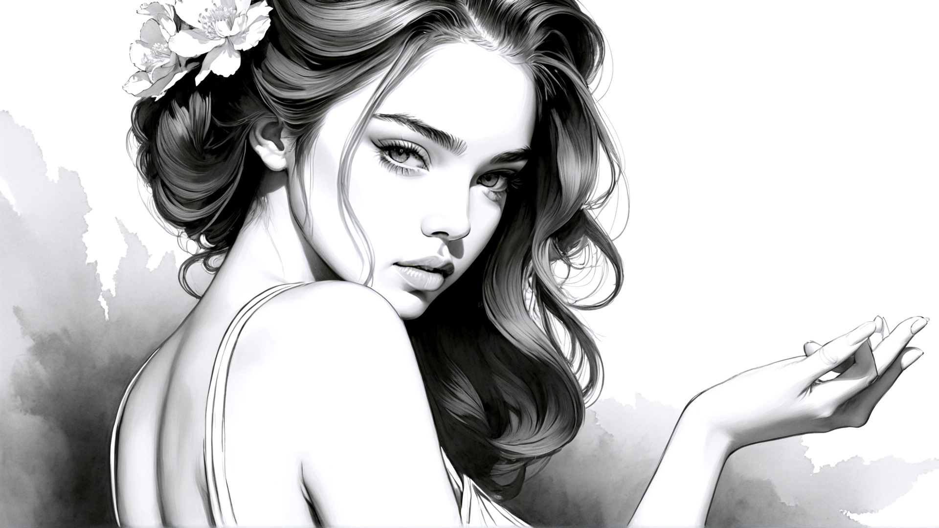 AI generated wallpaper featuring woman, flower, hair, hand, shoulder