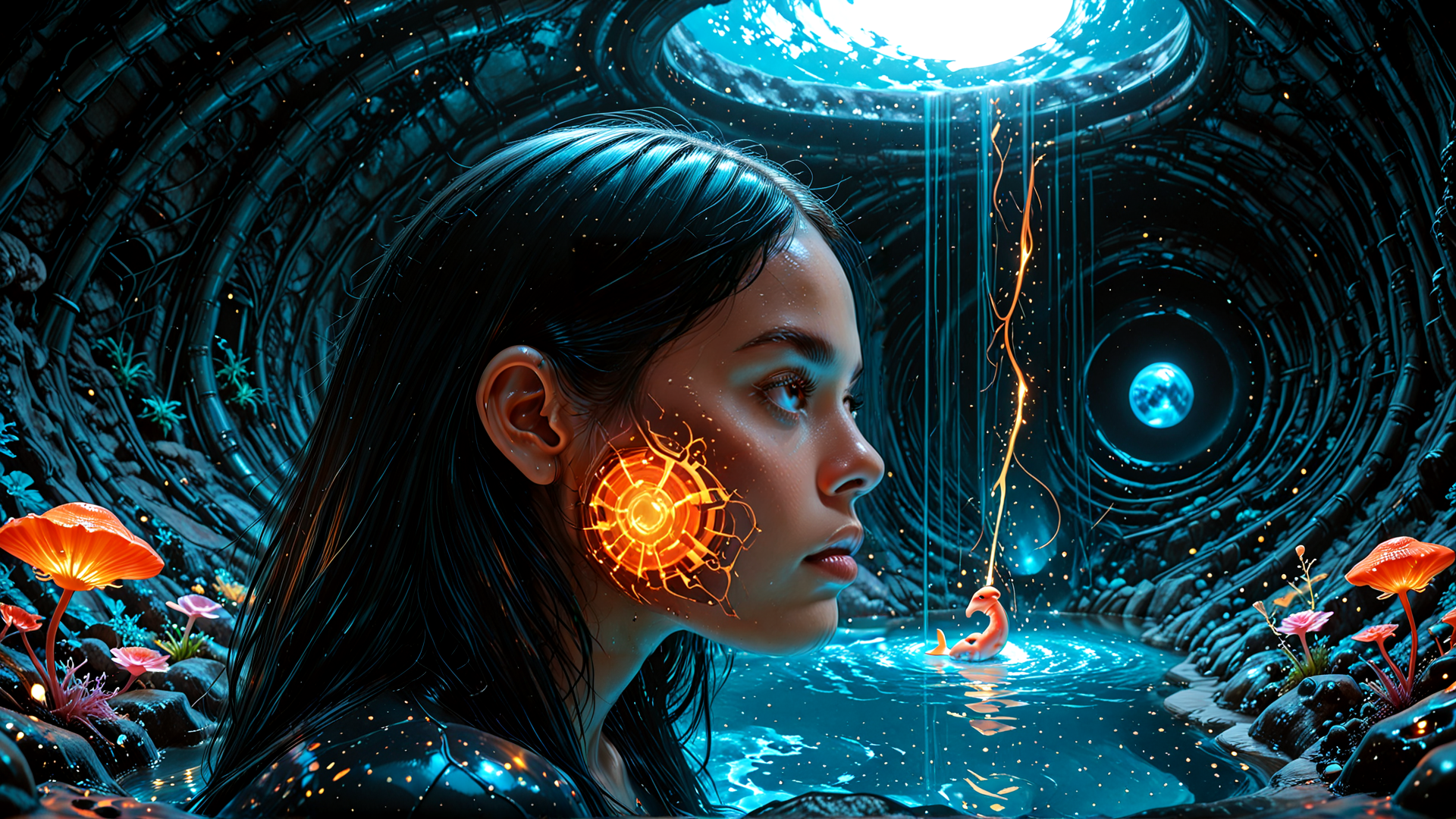 AI generated wallpaper featuring woman, glowing, crystal, flying, mushroom, water