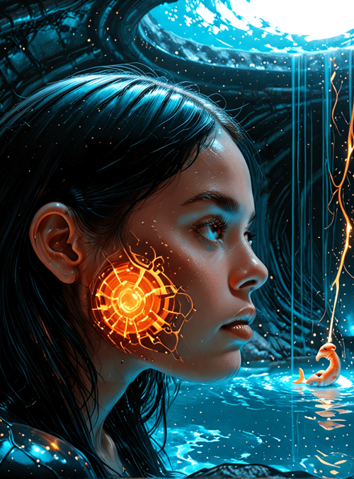 woman, glowing, crystal, flying, mushroom, water