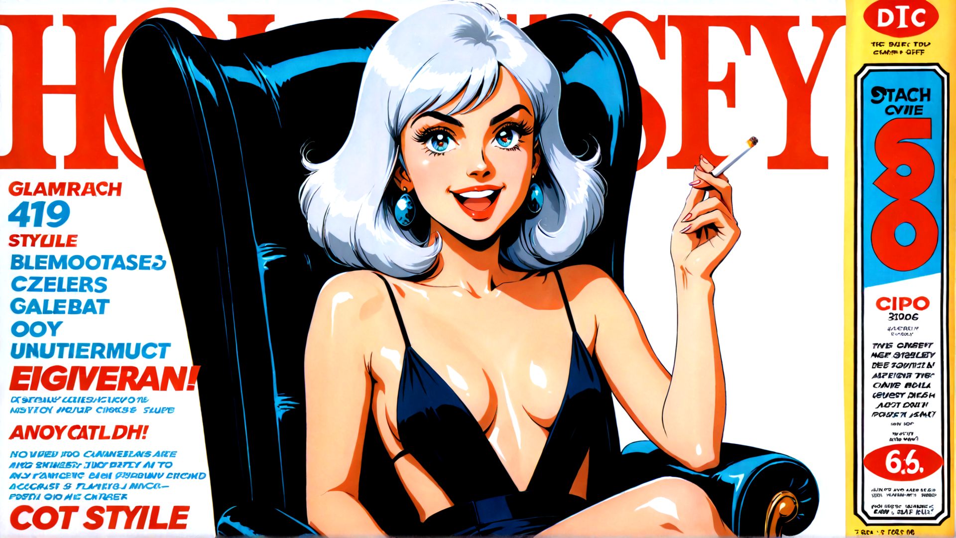 AI generated wallpaper featuring woman, cigar, chair, dress, ears, hair
