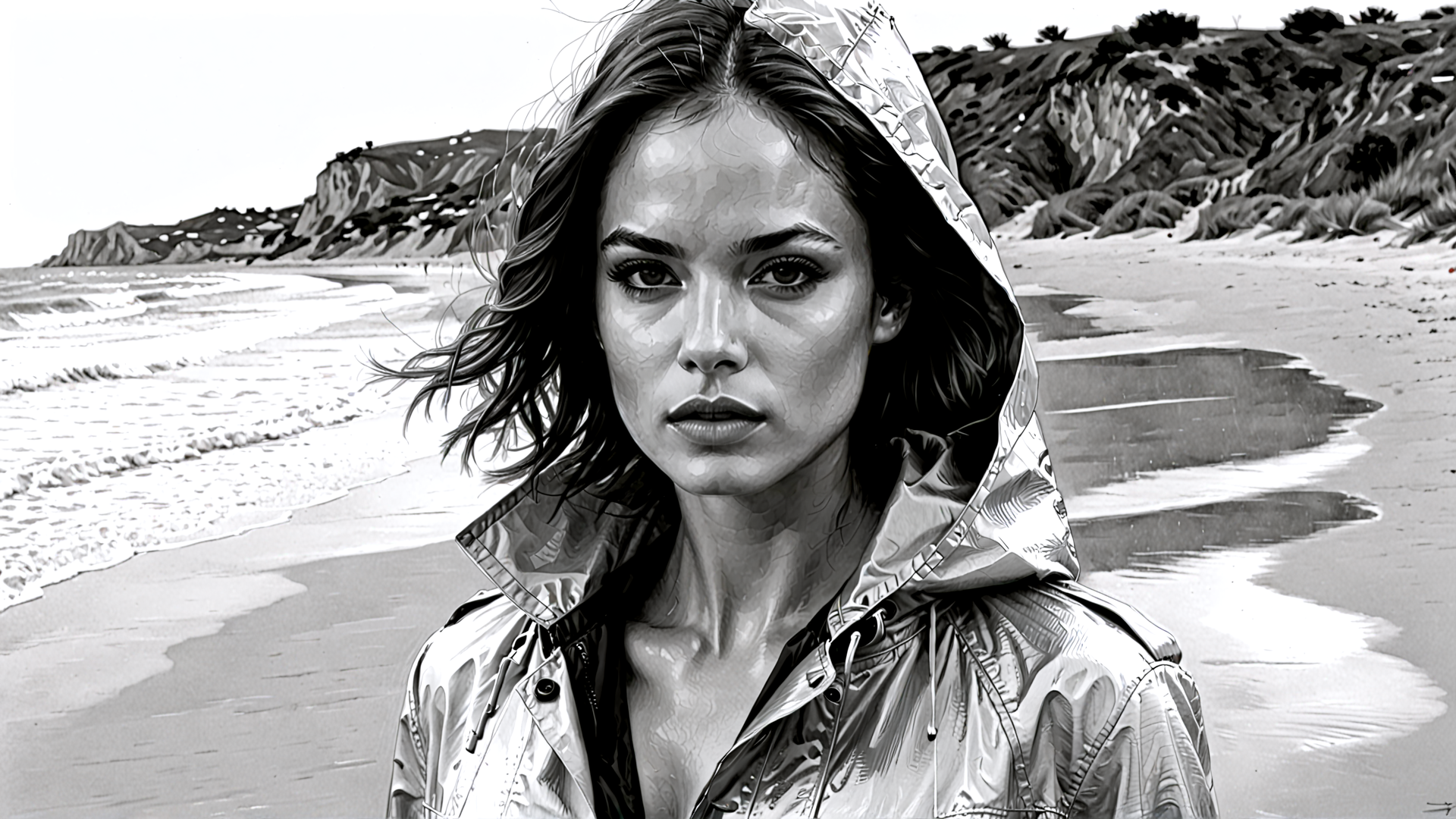 AI generated wallpaper featuring woman, beach, hoodie, ocean, sand
