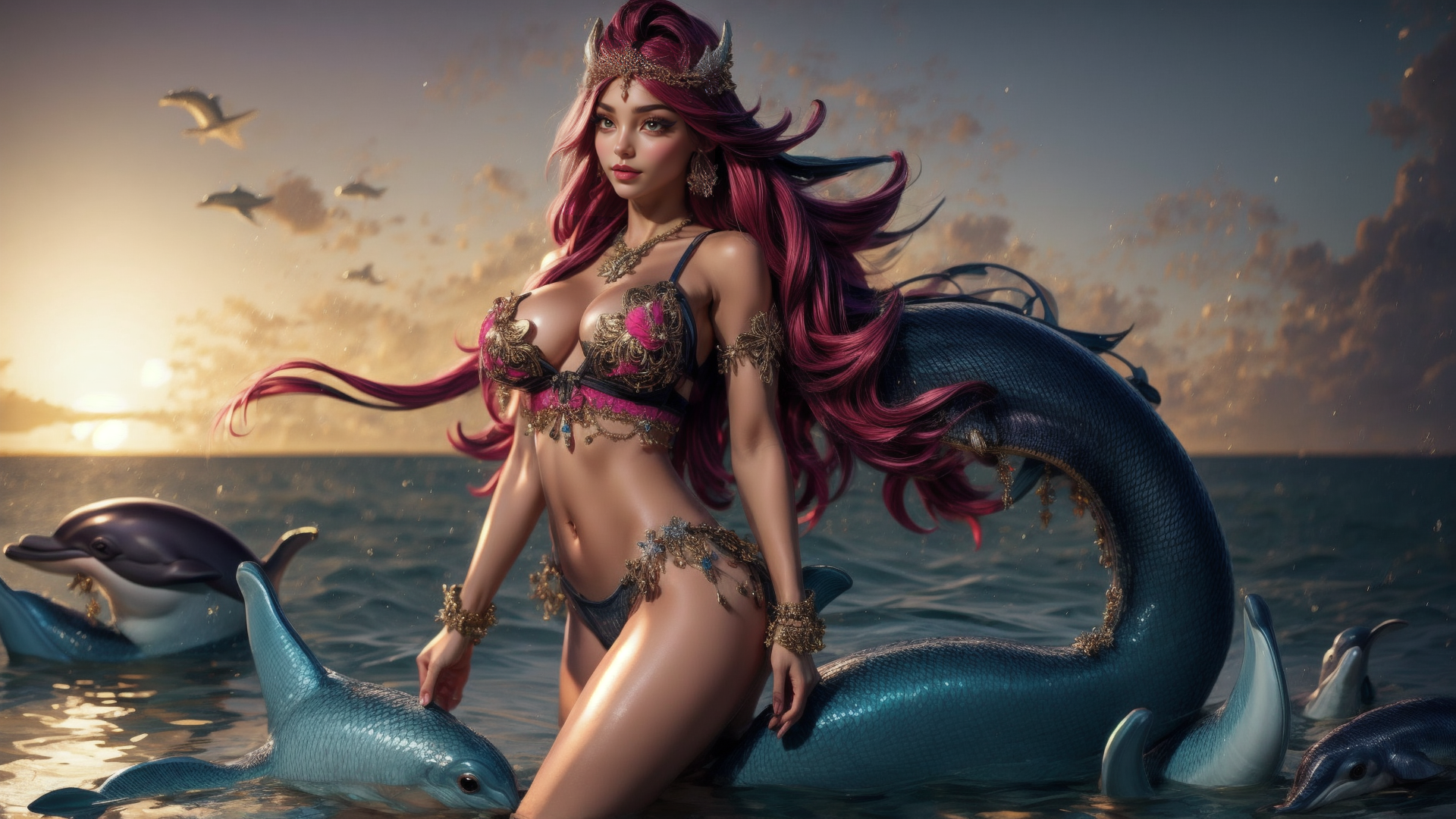 AI generated wallpaper featuring mermaid, dolphins, ocean