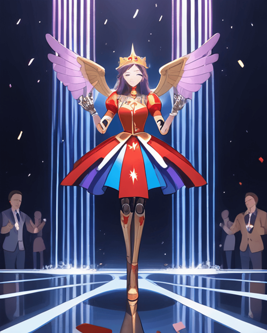 AI generated wallpaper featuring angel, woman, crowd, stage, dress