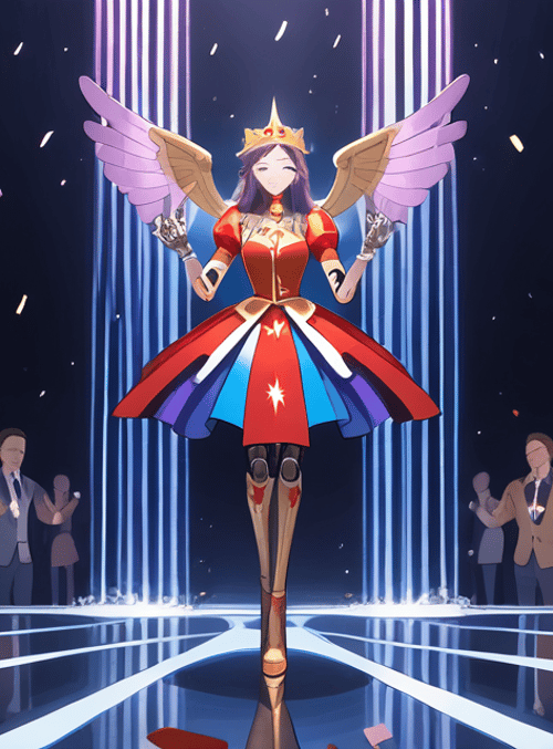 angel, woman, crowd, stage, dress