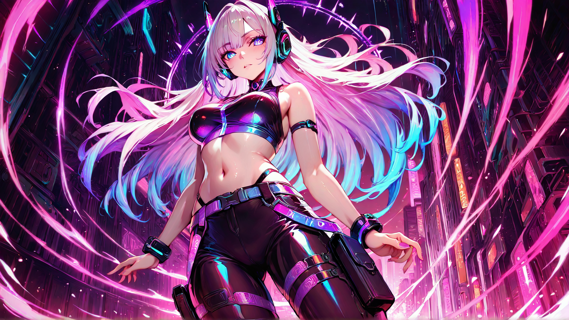 AI generated wallpaper featuring cyberpunk, female, character