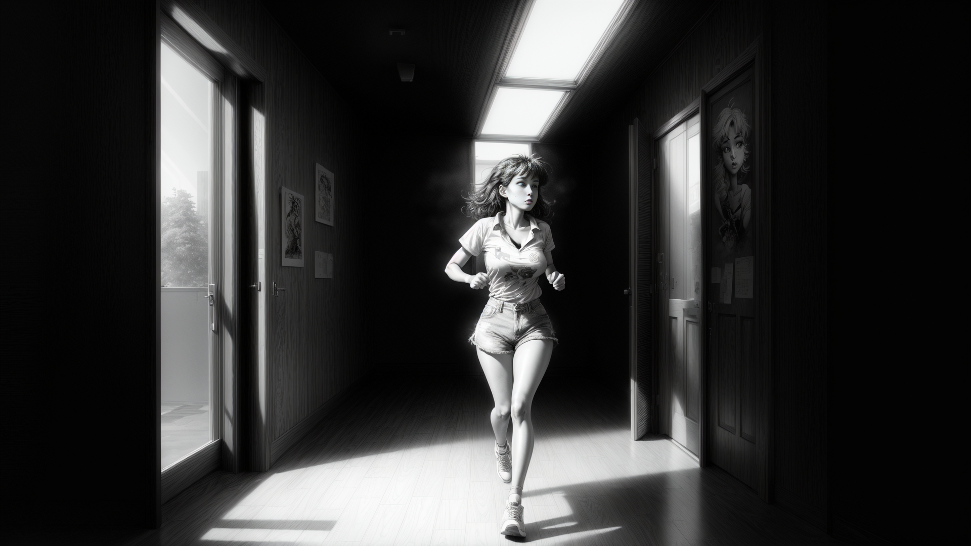 woman, run, corridor