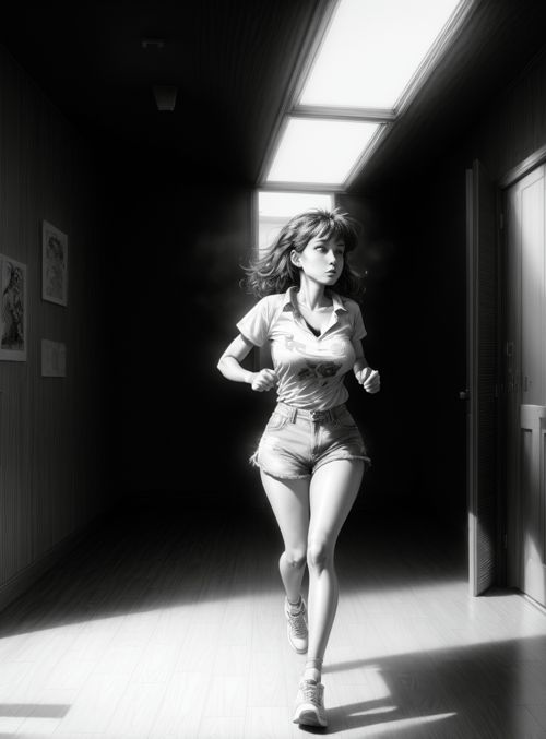 woman, run, corridor