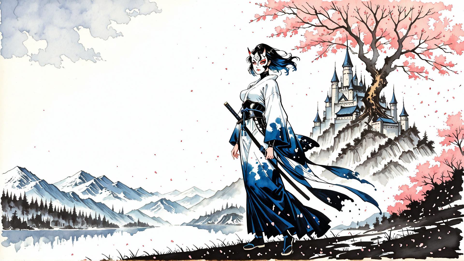AI generated wallpaper featuring Samurai, Witch, Castle, Tree, Mountains, Lake, Cherry Blossom, Mask, Sword, Cloak