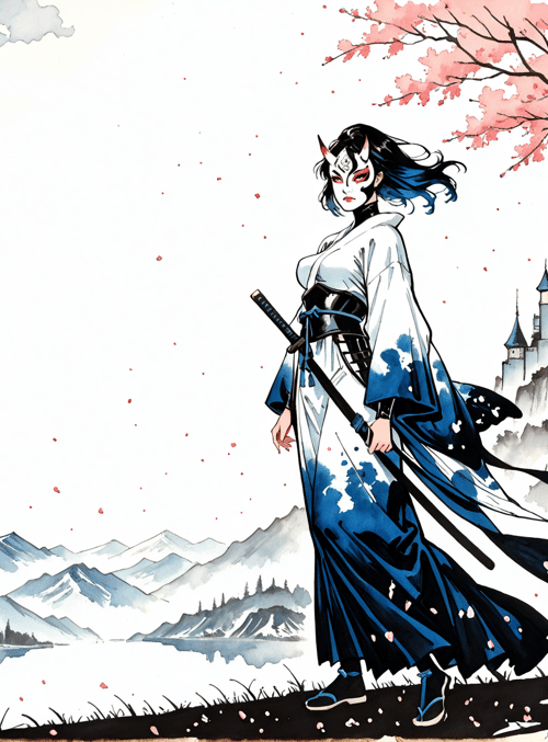 Samurai, Witch, Castle, Tree, Mountains, Lake, Cherry Blossom, Mask, Sword, Cloak
