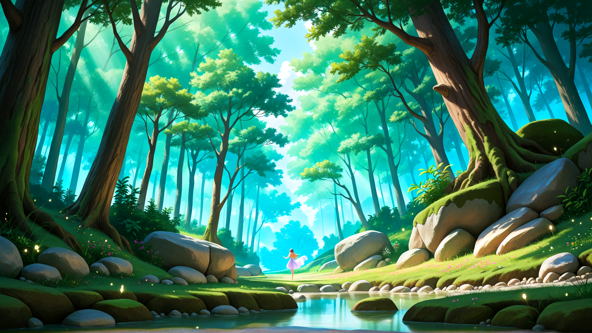 AI generated wallpaper featuring girl, forest, trees, river, rocks, flowers