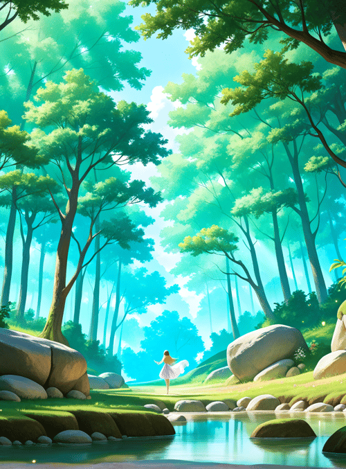 girl, forest, trees, river, rocks, flowers