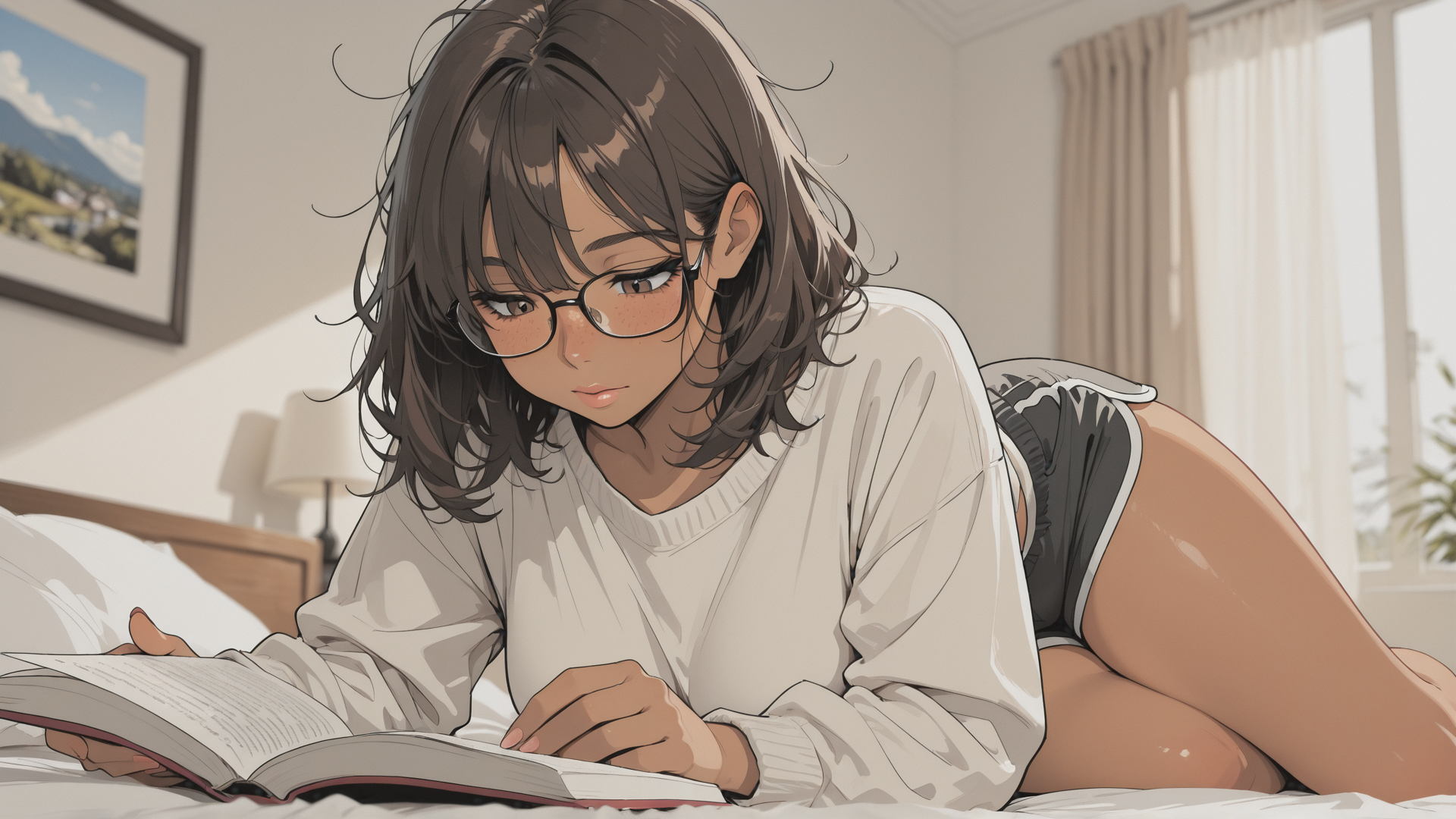 AI generated wallpaper featuring girl, bed, book, glasses, curtains, painting, lamp, bedding, shorts, sweater