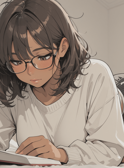 girl, bed, book, glasses, curtains, painting, lamp, bedding, shorts, sweater