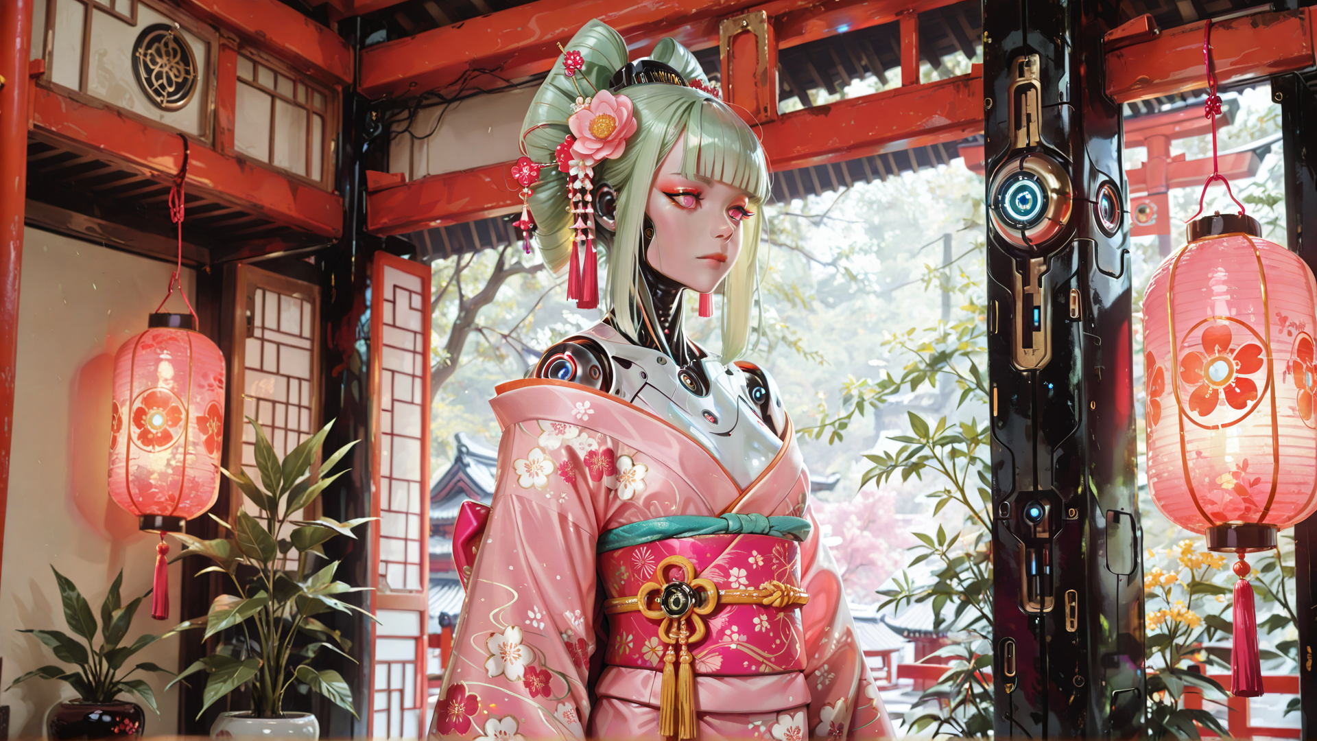 AI generated wallpaper featuring cyborg, geisha, lantern, kimono, cherry blossom, traditional building, robotic arm, flower, lantern, sakura