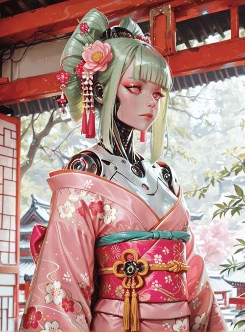 cyborg, geisha, lantern, kimono, cherry blossom, traditional building, robotic arm, flower, lantern, sakura