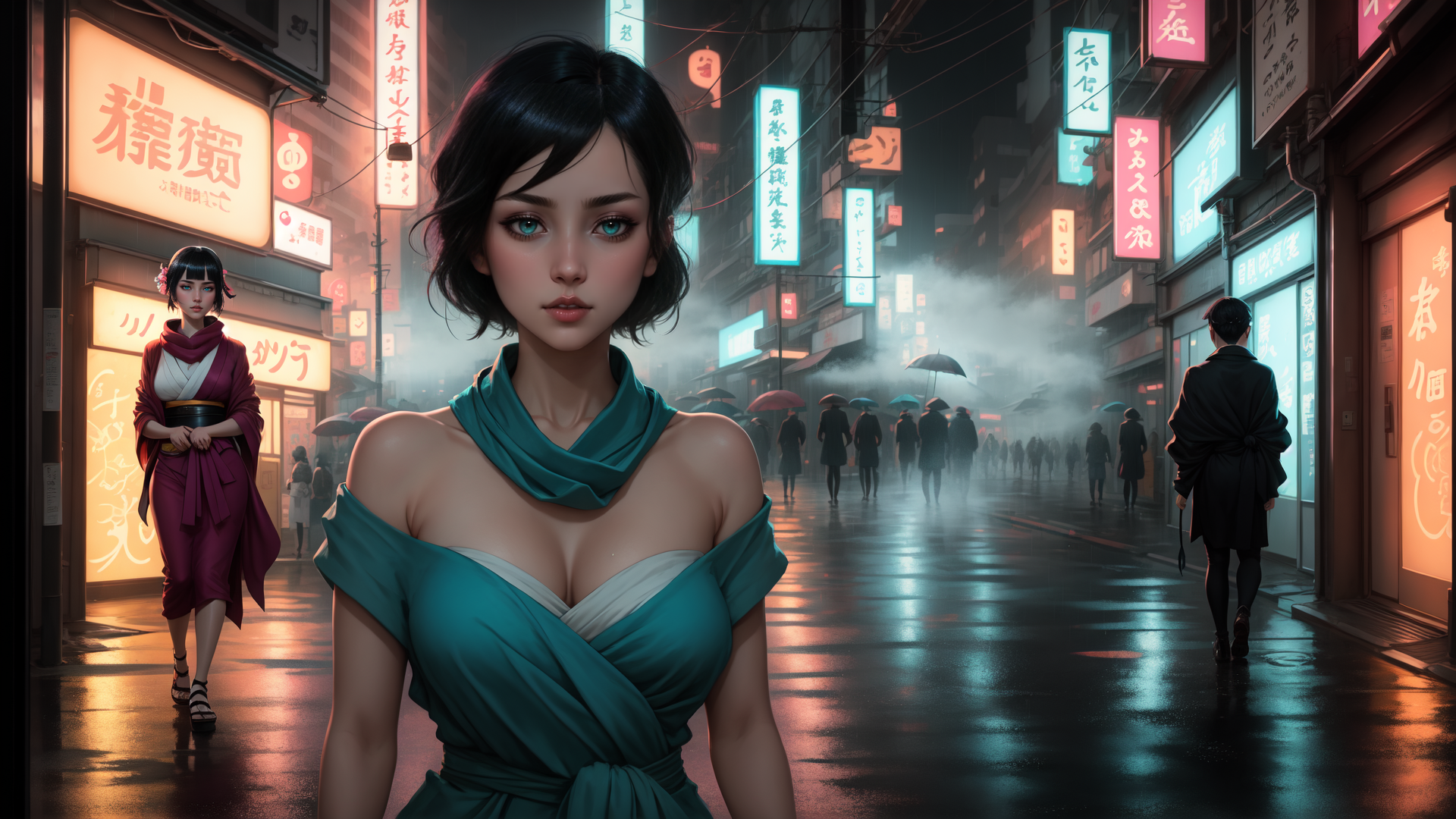 AI generated wallpaper featuring woman, street, signs