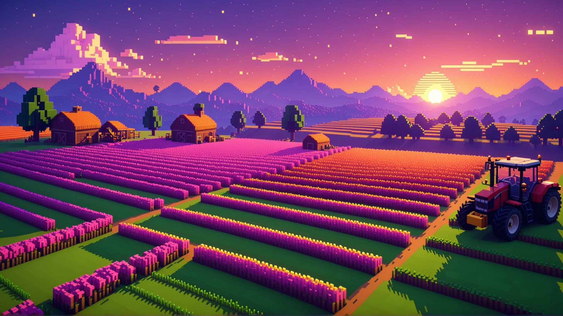 AI generated wallpaper featuring farmland, tractor, barn, crops, fields, trees, mountains, sun, clouds, houses