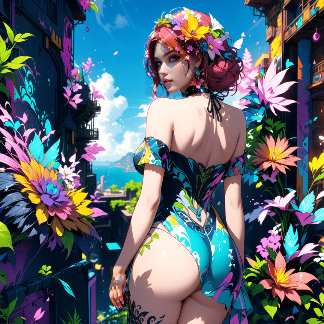 AI generated wallpaper featuring woman, flowers, city