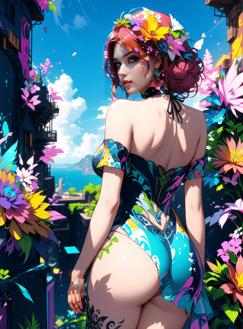 woman, flowers, city