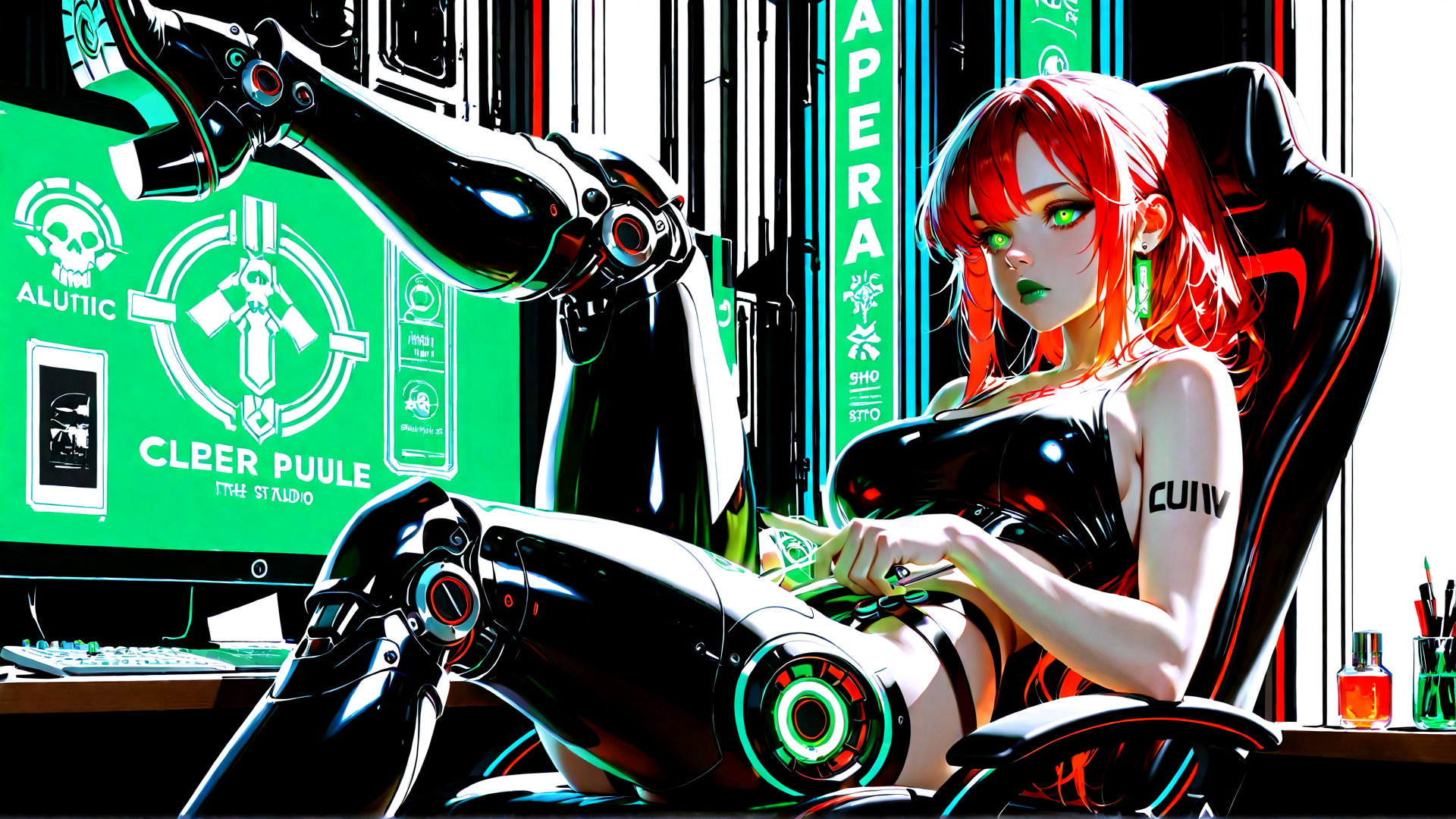 AI generated wallpaper featuring cyborg, woman, robot, gaming chair, computer, screen, easel, paintbrushes, earrings, hair