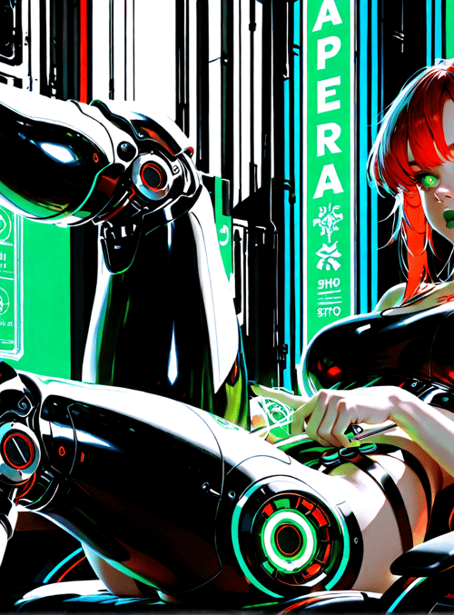 cyborg, woman, robot, gaming chair, computer, screen, easel, paintbrushes, earrings, hair