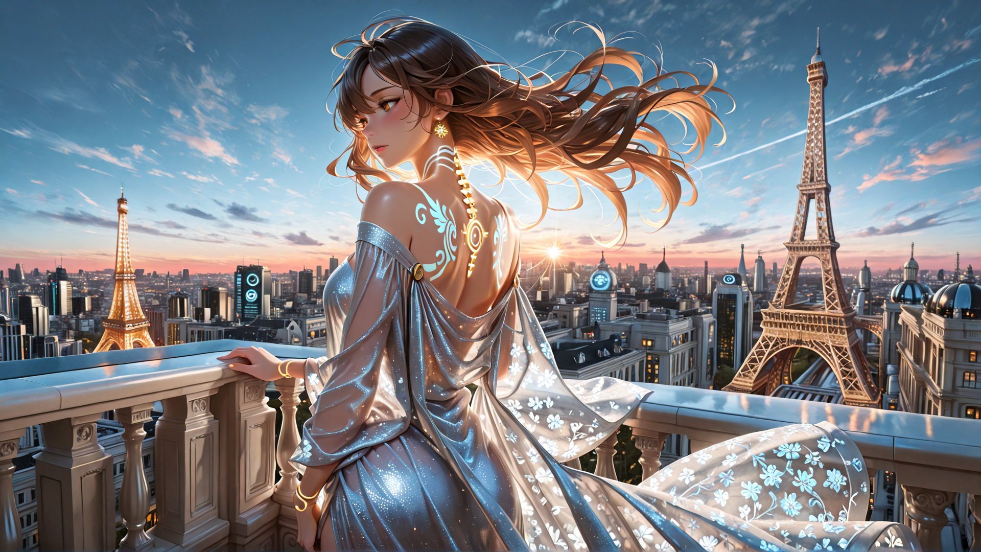 AI generated wallpaper featuring woman, eiffel tower, cityscape, balcony, dress, hair