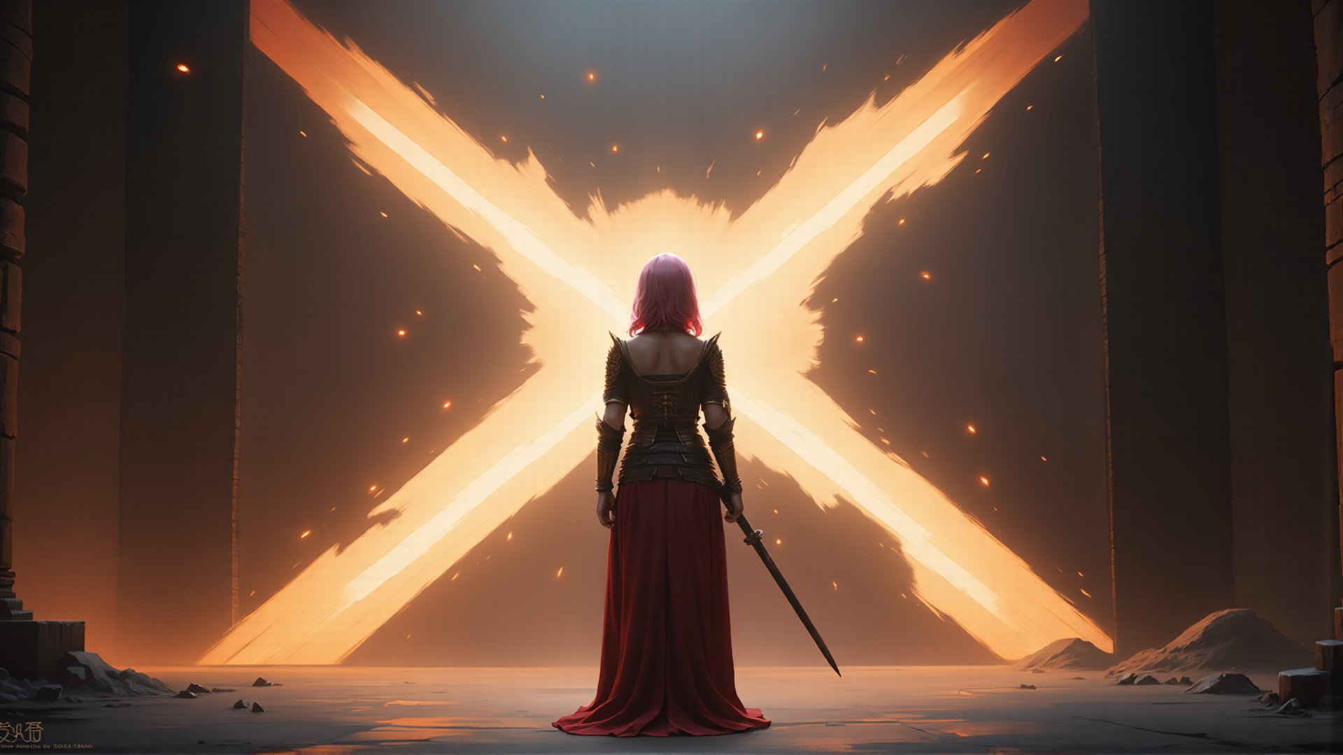 AI generated wallpaper featuring woman, sword, armor, dress, cathedral