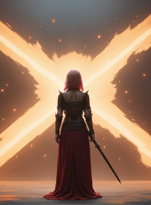 woman, sword, armor, dress, cathedral