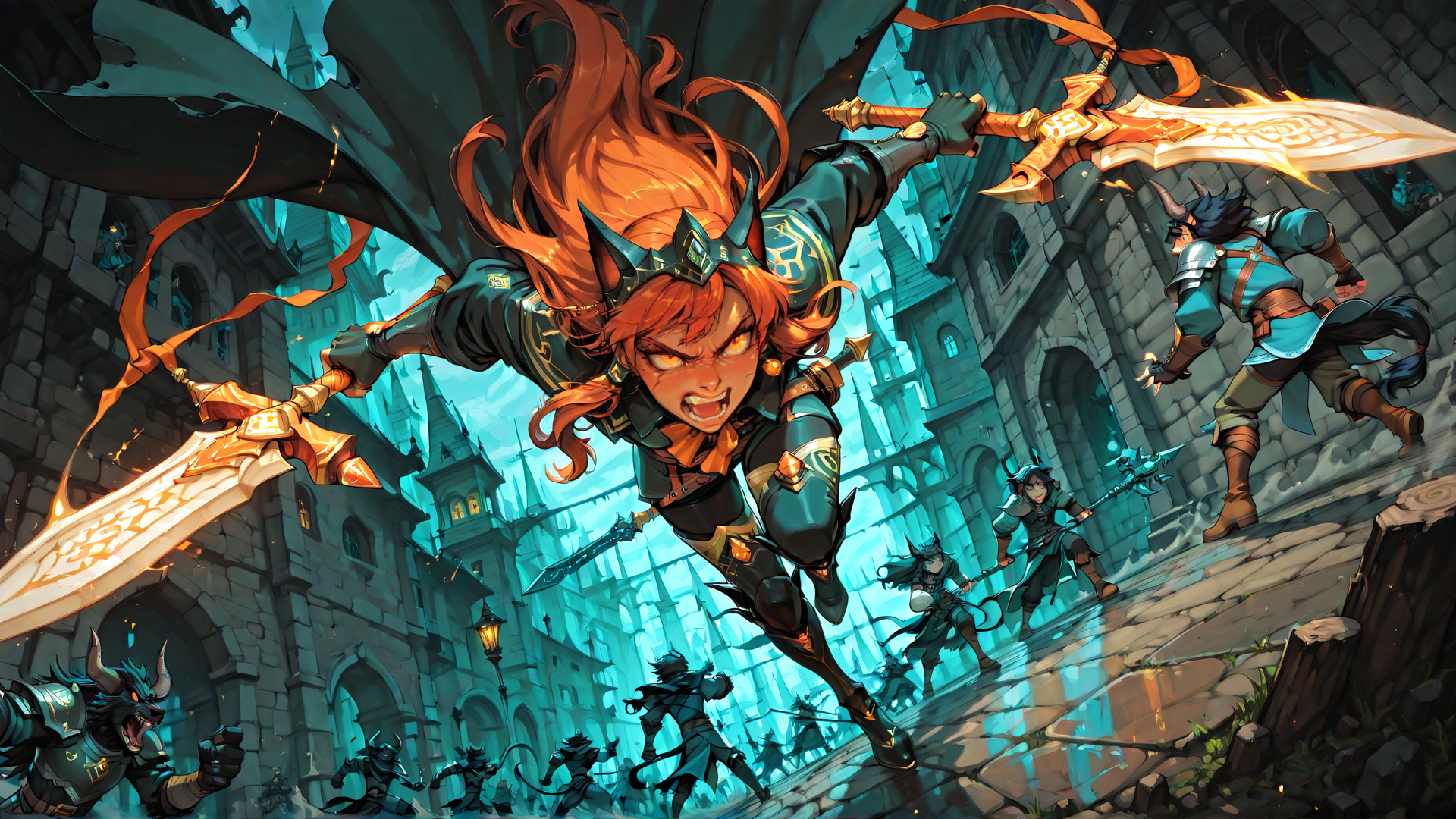 AI generated wallpaper featuring warrior, sword, castle, demons, party, knight, elf, dragon, armor, mace