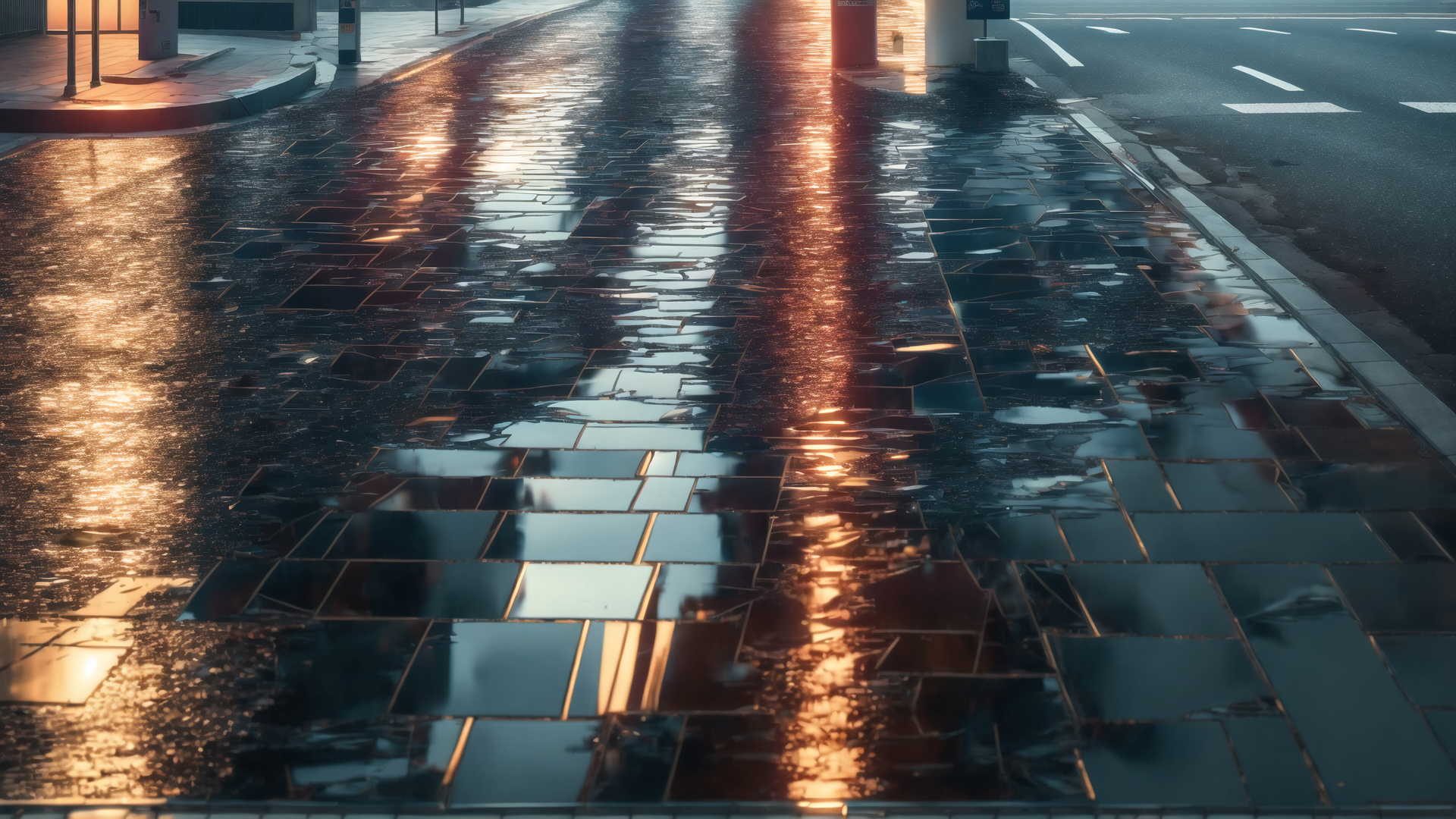 AI generated wallpaper featuring road, water, reflection, pavement, sunlight, city, street, tiles, sunrise, sunset